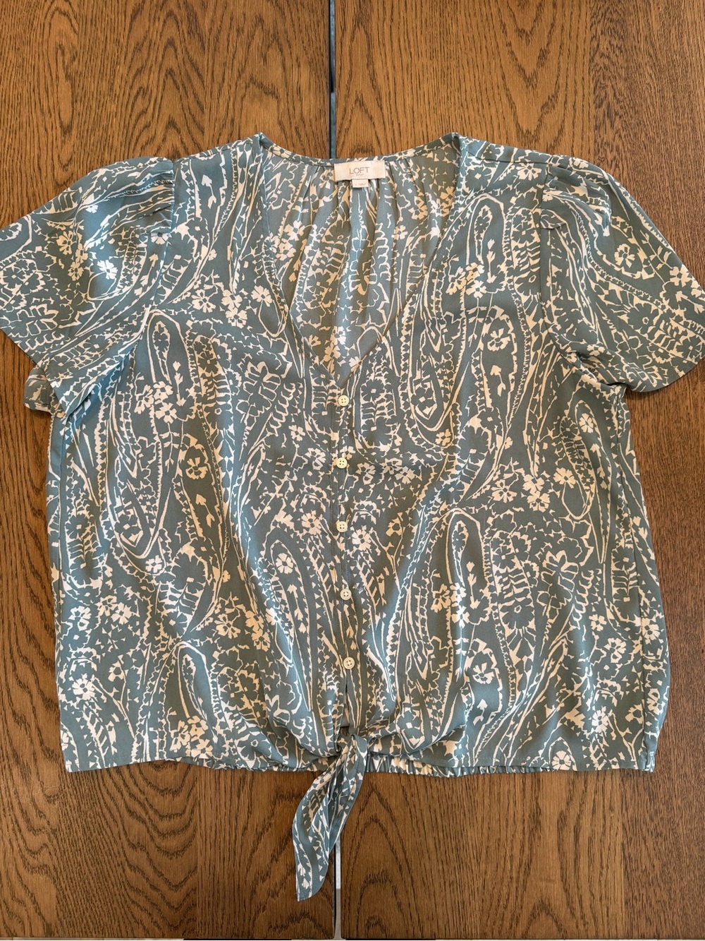 LOFT Teal Floral Tie-Front Short Sleeve Blouse
